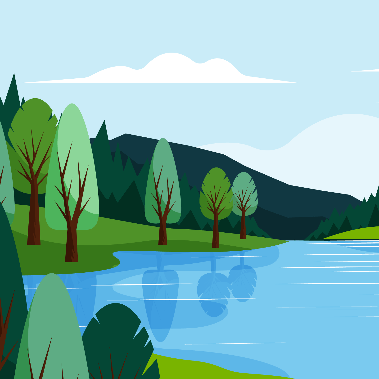 Ilustracja przedstawia jezioro otoczone lasem i górami. 