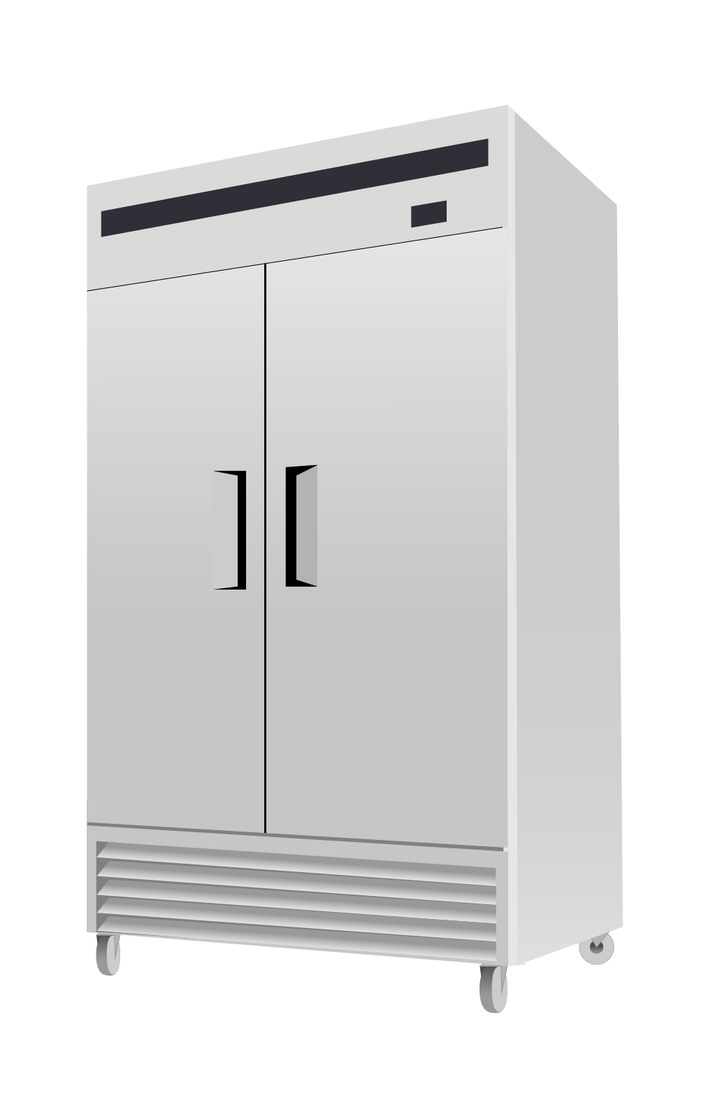 Na zdjęciu znajduje się szara szafa dwudrzwiowa, która zamiast nóg ma kółka.