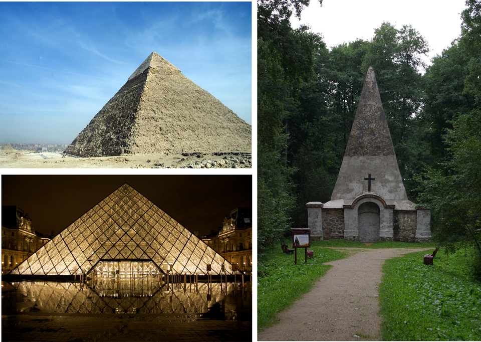 Na ilustracji znajduje się kolaż składający się z trzech zdjęć. Na pierwszym zdjęciu znajduje się piramida Cheopsa na drugim szklana piramida w Luwrze, a na trzecim murowana piramida w Rapie będąca obiektem sakralnym. 