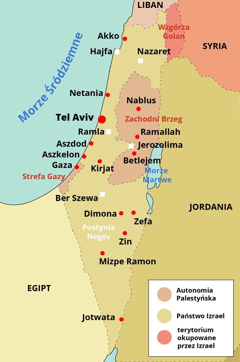 Mapa przedstawia strefy sporne na obszarze Palestyny. Widoczne jest Morze Śródziemne oraz kraje Liban, Syria, Jordania, Egipt oraz Strefa Gazy. Oznaczono tereny Autonomii Palestyńskiej, znajdują się wokół miast Nablus, Ramallah, Betlejem, wzdłuż Morza Martwego, dalej na zachodnim wybrzeżu Strefa Gazy z miastem Gaza i na terenach zachodniego wybrzeża Libanu. Państwo Izrael oznaczono wzdłuż zachodniego wybrzeża z miastami: Jotwata, Zin, Mizpe Ramon, Zefa, Dimona, Ber Szewa, Kirjat, Aszkelon, Aszdod, Ramla, Tel Aviv Netania, Hajfa, Akko, Nazaret i Pustynią Negev. Terytorium okupowane przez Izrael oznaczono na Wzgórzach Golan, przy zachodniej granicy z Syrią. 