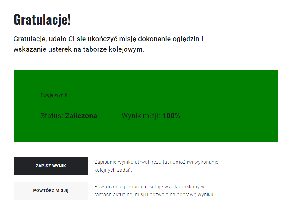 Widok podsumowania misji