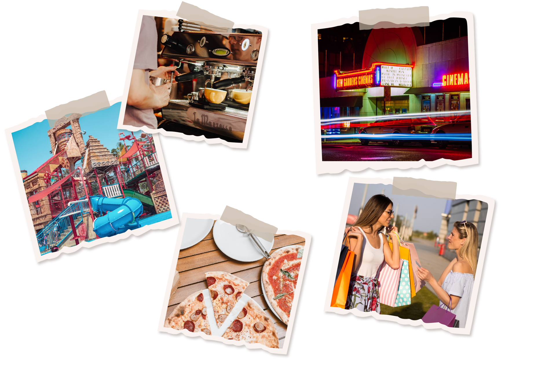 Ilustracja przedstawia kolaż wykonany z pięciu zdjęć. Na pierwszym zdjęciu widać mężczyznę przygotowującego kawę w ekspresie. Kolejne zdjęcie przedstawia zjeżdżalnię wodną. Trzecie zdjęcie prezentuje dwie pizze na białym talerzu leżące na stole. Kolejne zdjęcie przedstawia witrynę kina, a ostatnie zdjęcie pokazuje dwie kobiety rozmawiające na ulicy, trzymające w rękach kolorowe torby z zakupami.