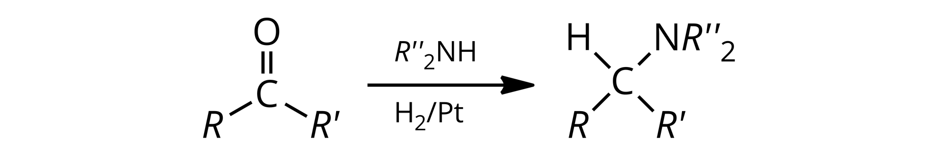 Ilustracja przedstawiająca równanie reakcji chemicznej. Cząsteczka związku karbonylowego zbudowanego z atomu węgla połączonego za pomocą wiązania podwójnego z atomem tlenu oraz za pomocą wiązań pojedynczych z podstawnikiem R i z grupą R prim. Strzałka w prawo, nad strzałką wzór ogólny aminy drugorzędowej podstawniki R dwa prim dwa razy wzięte połączone z grupą aminową NH. Pod strzałką wodór H2 na platynie Pt. Za strzałką cząsteczka aminy zbudowana z atomu węgla połączonego za pomocą wiązań pojedynczych z następującymi podstawnikami. R,  R prim, z atomem wodoru oraz z atomem azotu połączonym z dwoma podstawnikami R dwa prim. 