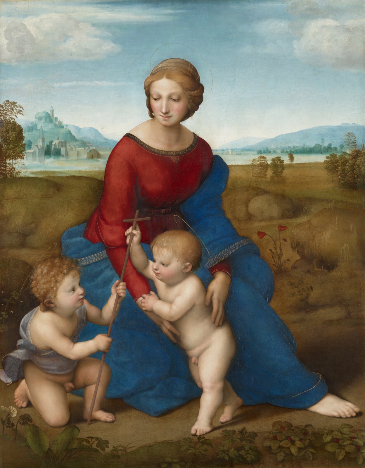 Obraz autorstwa Rafel Santi, „Madonna na łące” przedstawia kobietę ubraną w czerwono‑niebieską długą suknię. Kobieta siedzi z jedną wyprostowaną nogą. Przed kobietą znajduje się dwójka małych nagich chłopców trzymających długi metalowy krzyż. Jeden z chłopców przytrzymywany jest przez kobietę. Postacie na obrazie znajdują się na polanie porośniętej krzakami oraz roślinami a w oddali widać rzekę, oraz budynki miasta. Na obrazie zastosowana jest perspektywa powietrzna oraz kontrasty barwne. 