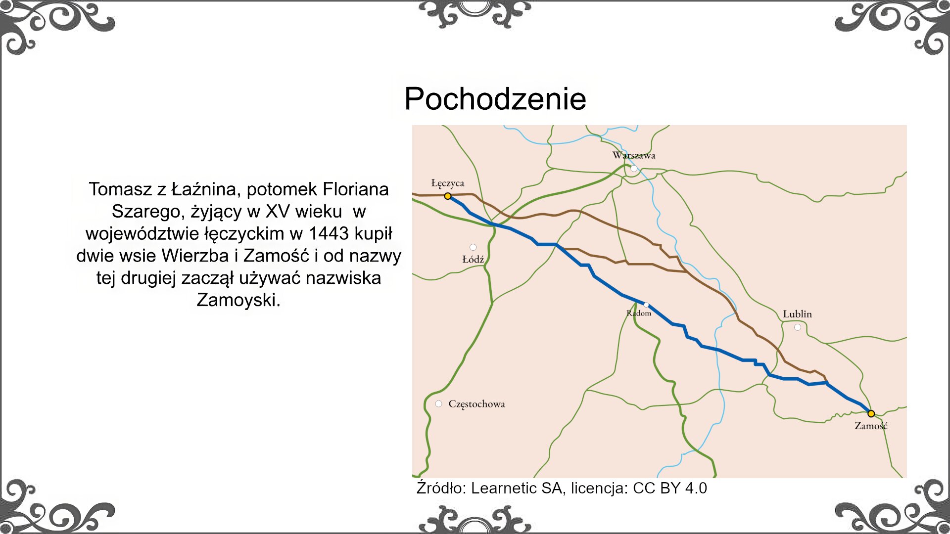 Biały slajd. Na górze nagłówek: „Pochodzenie”. Poniżej, z lewej strony, tekst: „Tomasz z Łaźnina, potomek Floriana Szarego, żyjący w XV wieku w województwie łęczyckim w 1443 kupił dwie wsie: Wierzba i Zamość i od nazwy tej drugiej zaczął używać nazwiska Zamoyski”. Obok, z prawej strony, pomarańczowa mapa pokazująca odległość od Łęczycy do Zamościa. Widać zielone i pomarańczowe drogi. Trasa pomiędzy Wierzbą i Zamościem została zaznaczona na niebiesko. Pod mapą podpis: „Zamość. Źródło: Learnetic SA”.