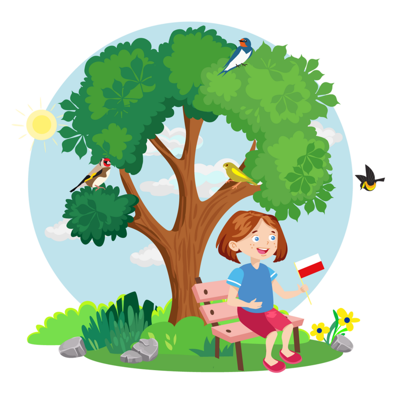 Ilustracja przedstawia fragment terenu porośniętego zielenią. W tle widać błękitne niebo ze słońcem i jasnymi chmurami. Na środku stoi duże drzewo liściaste, na którym siedzą trzy ptaki. Pierwszy z nich ma biały brzuszek, żółto‑czarne skrzydła, czerwone upierzenie na głowie i brązowe na grzbiecie oraz pod skrzydłami. Jest to szczygieł. Drugi ma czerwone upierzenie z przodu głowy, białe na brzuchu i granatowe na grzbiecie i skrzydłach. Jest to jaskółka dymówka. Trzeci ma żółto‑zielone upierzenie. Jest to dzwoniec. Po prawej stronie widać czwartego ptaka w locie. Ma czarno‑żółte upierzenie. Jest to wilga. Pod drzewem leżą trzy szare kamienie, a po prawej stronie czwarty, przy którym rosną dwa żółte kwiaty. Obok, tyłem do drzewa, stoi jasnoróżowa ławka, na której siedzi Maja. W lewej dłoni trzyma małą biało‑czerwoną flagę Polski. Patrzy przed siebie i szeroko się uśmiecha.