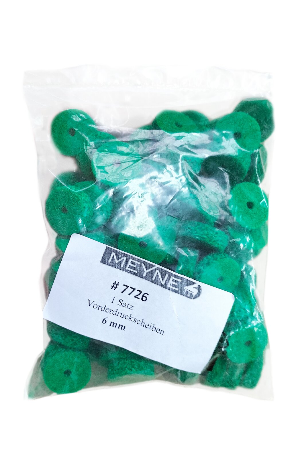 Zdjęcie przedstawia podkładki pod klawisze na sztyftach płaskich wykonane z filcu tkanego w kolorze zielonym, w przeźroczystym foliowym opakowaniu z białą etykietą z czarnymi napisami.