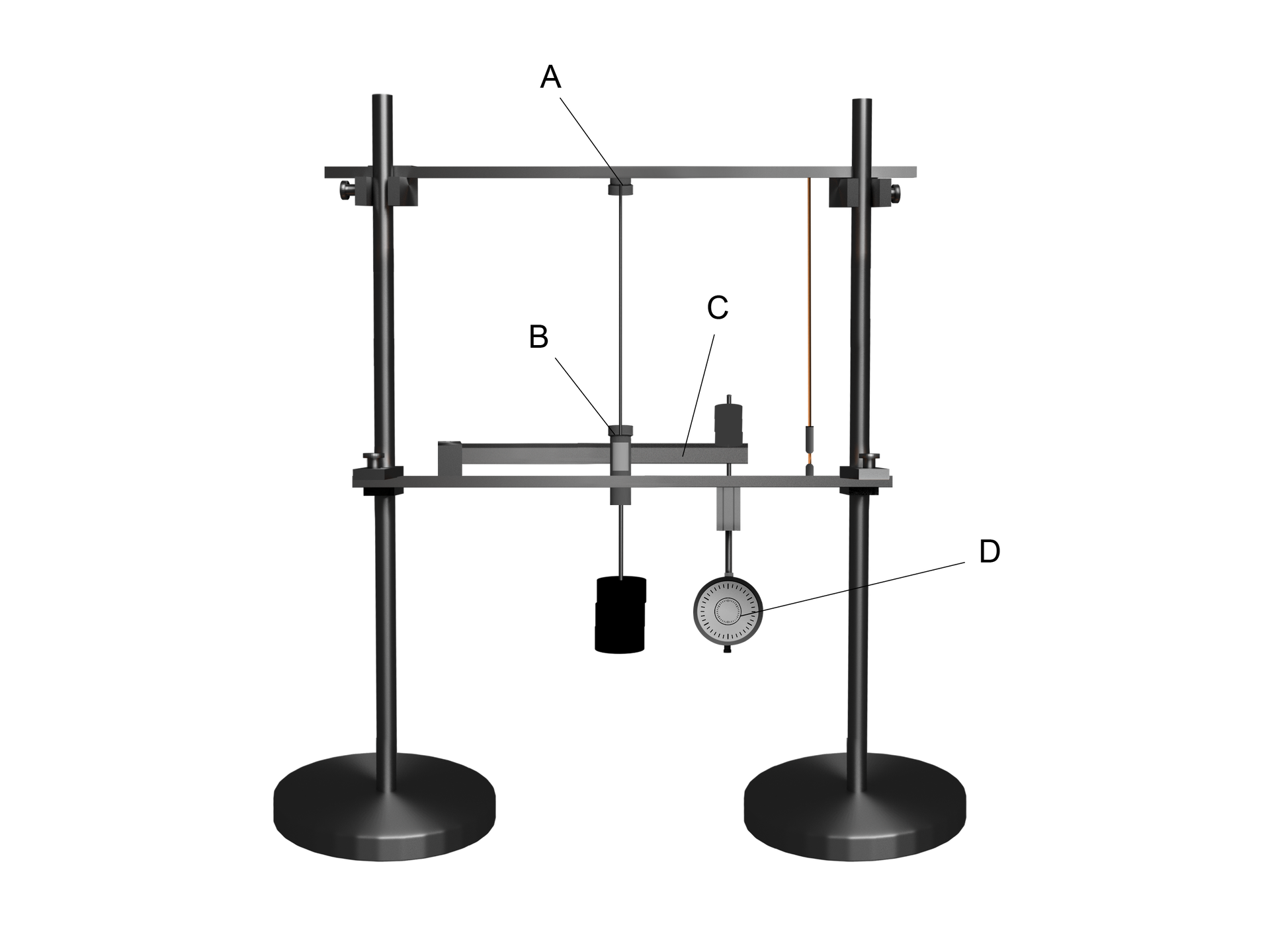 Schemat zestawu do wyznaczenia modułu Younga składa się z badanego pręta osadzonego pomiędzy dwoma statywami. Pręt powinien być możliwie prosty i zawieszony w pionie. Drut montujemy w górnym uchwycie A , znajdującym się na środku poziomo zorientowanego pręta na dwóch statywach. Drugi koniec drutu montujemy w uchwycie B, znajdującym się na środku poziomo zorientowanego pręta poniżej pierwszego z uchwytem A. Badany pręt jest zatem zorientowany pionowo. Jest on połączony sztywno z szalką, która znajduje się poniżej poprzeczki statywu. Średnica drutu mierzona jest mikrometrem. Dźwignia C, znajdująca się po prawej stronie, łączy się z czujnikiem mikrometrycznym D Jest on zawieszony na wspomnianej dźwignie i służy do pomiaru wydłużenia drutu.