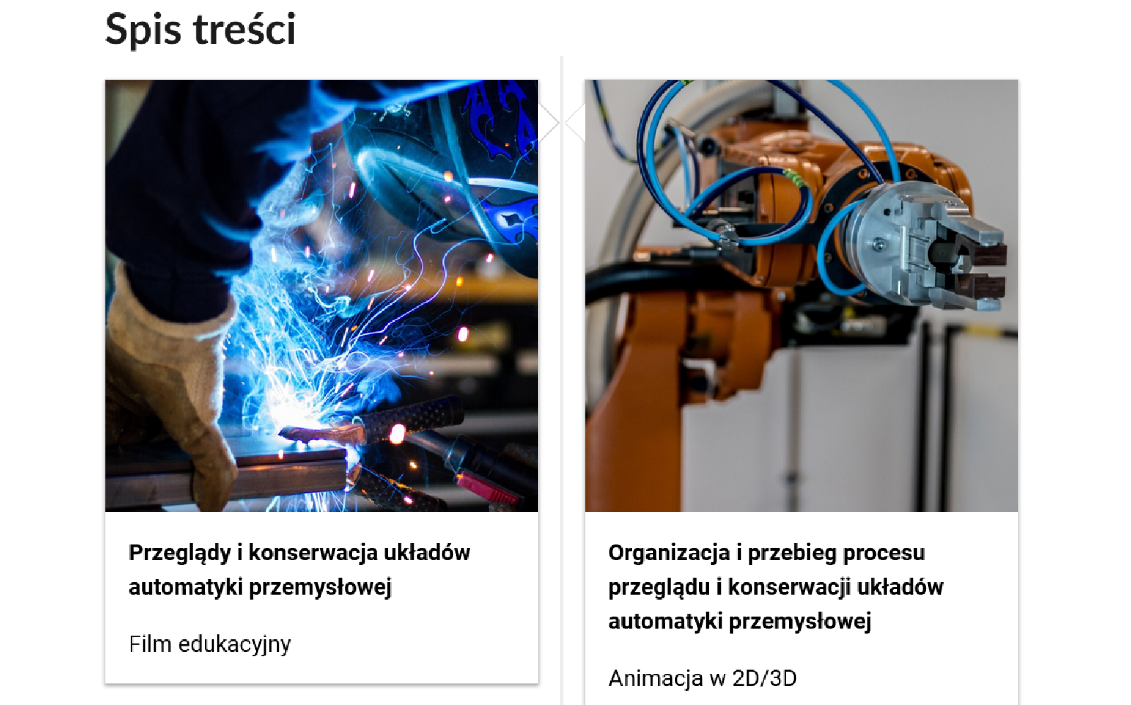 Grafika przedstawia dwa kafelki ze spisu treści. Są umiejscowione obok siebie. Pierwszy od lewej: Zdjęcie okładkowe, poniżej napis: Przeglądy i konserwacja układów automatyki przemysłowej. Niżej napis: Film edukacyjny. Drugi: zdjęcie okładkowe, poniżej tytuł. Organizacja i przebieg procesu przeglądu i konserwacji układów automatyki przemysłowej. Niżej: Animacja w 2D/3D.