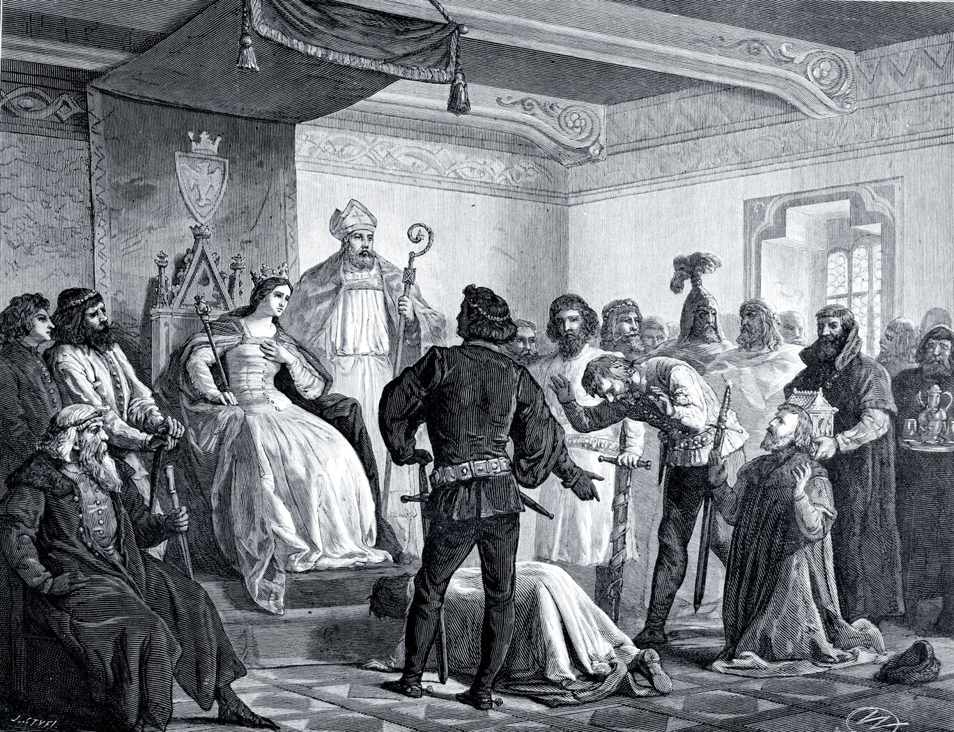 Ilustracja przedstawia scenę rozgrywającą się wewnątrz komnaty dworskiej. Na tronie znajdującym się pod baldachimem siedzi młoda kobieta. Na głowie ma koronę, a w prawym ręku trzyma berło królewskie. Ubrana jest w suknię do ziemi, z długimi rękawami. Na ramiona ma zarzucony płaszcz spięty pod szyją klamrą. Spod korony widać jej długie, ciemne włosy, zaczesane do tyłu i opadające na plecy. Obok królowej, po prawej stronie stoi duchowny. Ubrany jest w szaty dostojnika kościelnego, na głowię ma mitrę, czyli wydłużoną czapkę, składającą się z dwóch wysokich, połączonych ze sobą trójkątów. W ręku trzyma pastorał, czyli długą, zdobioną laskę o ślimakowato zwiniętym zakończeniu. Wokół królowej stoi wielu mężczyzn. Bezpośrednio przed tronem na posadzce klęczy dwóch z nich. Jeden dotyka rękoma podłogi, w głębokim pokłonie. Drugi klęczy z uniesionymi rękoma, w lewej dłoni trzyma miecz. Z tyłu za nim stoją w rzędzie mężczyźni trzymający dary: szkatułę, tacę z dzbanem oraz naczyniami.