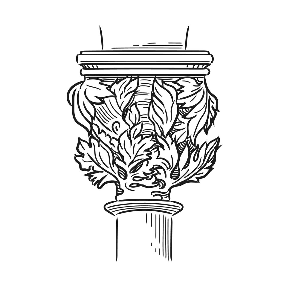 Czarno‑biała ilustracja przedstawia głowicę liściastą wczesnogotycką o kształcie ściętego ostrosłupa, którego ściany zostały bogato przyozdobione ornamentami w kształcie liści.