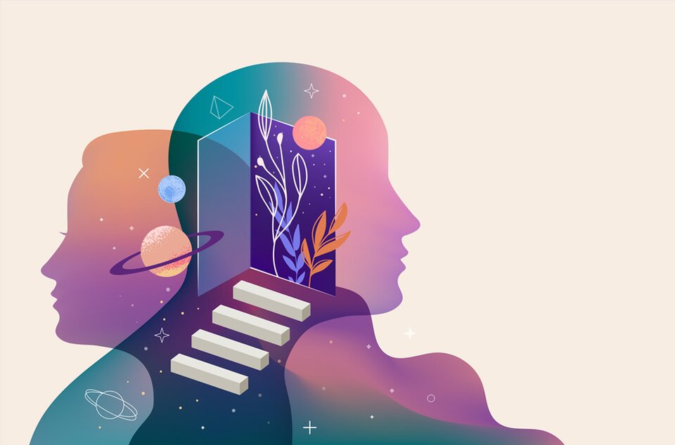 Na ilustracji widoczne są cienie dwóch głów ułożone profilem i odwrócone do siebie tyłem, w kolorze różowozielonym. Po prawej stronie jest męska głowa a po lewej damska. Stanowią one tło dla struktury składającej się z biegnącego od dołu ilustracji ciemnego, falującego pasa. który kończy się w okolicy szyi mężczyzny. Na ciemnym pasie ułożone  są cztery białe podłużne bryły, przypominające klawisze fortepianu. Nad pasem, na tle głowy męskiej znajduje się niebiesko fioletowa bryła z rysunkami roślin. Na tle głowy męskiej i damskiej widoczne są także  trzy planety, jedna z okalającym ją pierścieniem.