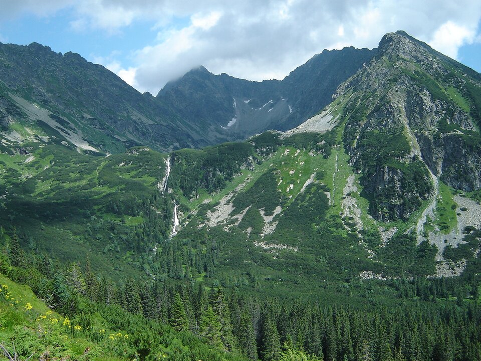 Zdjęcie przedstawia górski krajobraz z wysokimi, skalistymi szczytami pokrytymi miejscami roślinnością. W dolnej części widoczny jest gęsty las iglasty, a na zboczach dominują trawiaste połacie i niewielkie fragmenty skalne. Przez środek doliny spływa wąski wodospad. Na niebie znajdują się częściowo zachmurzone obszary, a światło podkreśla ukształtowanie terenu.