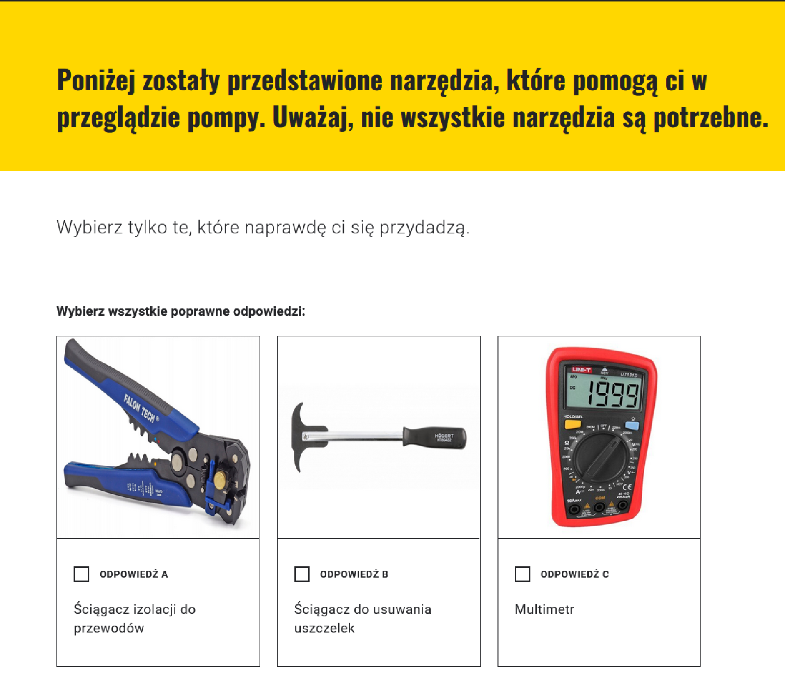 Widok gry. Na górze znajduje się polecenie, poniżej pytanie i kilka alternatyw odpowiedzi składających się z obrazka oraz podpisu. 