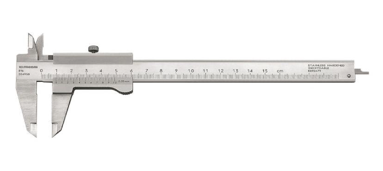 Ilustracja przedstawia suwmiarkę. Suwmiarka jest zbudowana z prowadnicy oraz przesuwnego suwaka, szczęk, którymi obejmujemy mierzony przedmiot. Suwmiarka wyposażona jest w podziałkę z oznaczeniami liczbowymi.