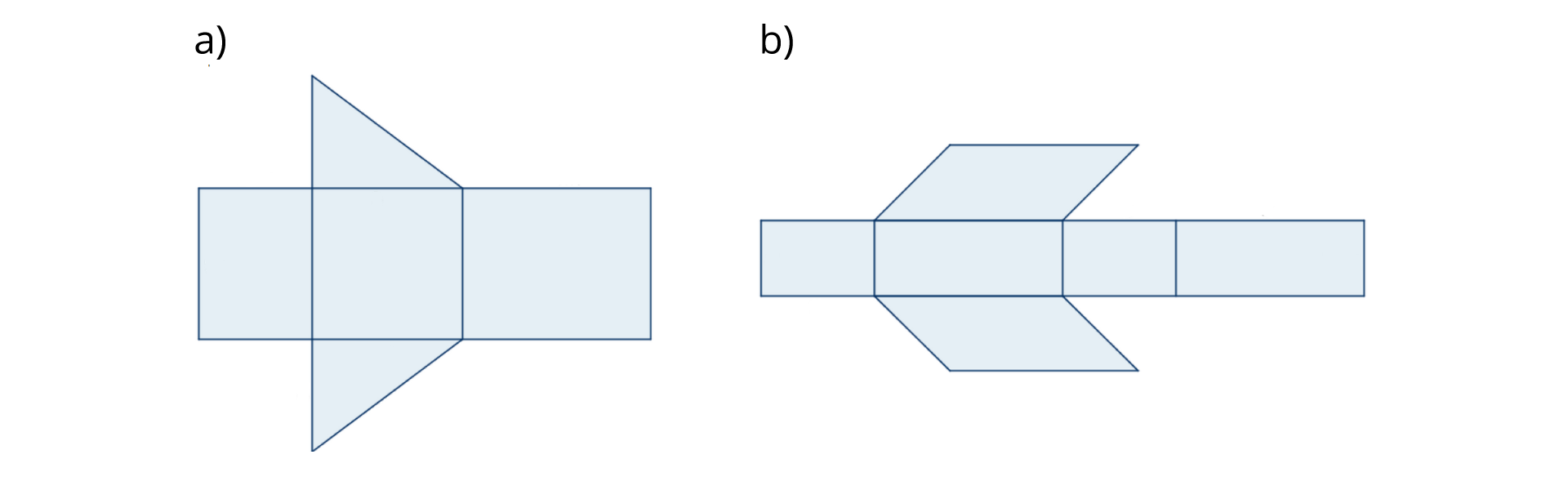 Rysunek przedstawia dwie siatki graniastosłupów. Podpunkt a graniastosłup o podstawie trójkąta prostokątnego, podpunkt b graniastosłup o podstawie równoległoboku.