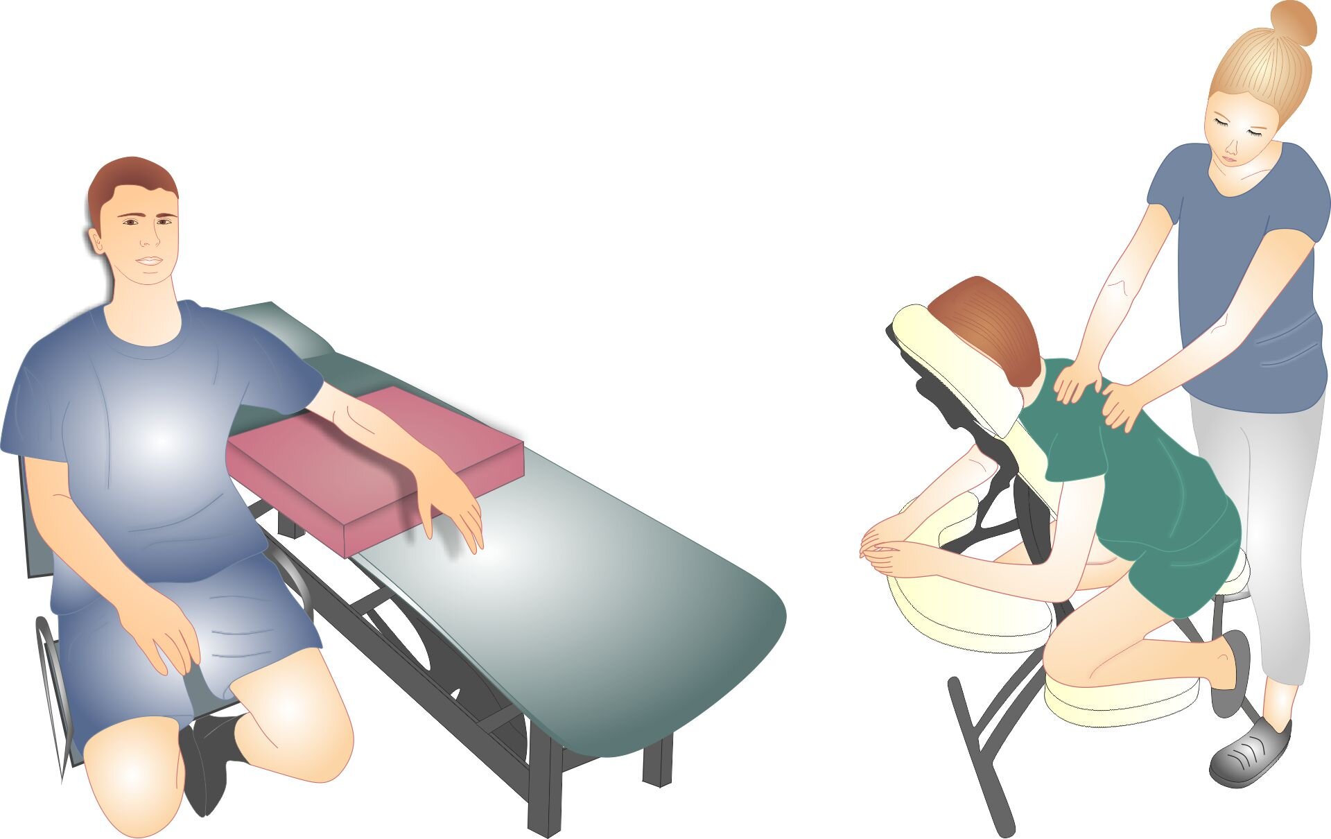 Grafika pod tytułem pozycja siedząca oraz na krześle typu klękosiad. Grafika składa się z dwóch elementów. Na pierwszym przedstawiony jest pacjent siedzący na krześle, z jedną ręką ułożoną na poduszce znajdującej się na stole do masażu. Na drugim elemencie przedstawiony jest pacjent klęczący na specjalnym krześle podpierającym jego kolana, łokcie i głowę. Masażystka wykonuje masaż górnej części pleców pacjenta.