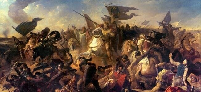 Ilustracja przedstawia scenę batalistyczną walki żołnierzy jazdy konnej oraz piechoty. Konający ludzie, martwe konie, kłębowisko ciał ludzi i zwierząt. W centralnym punkcie rycerz na białym koniu z włócznią w ręku. Nad walczącymi powiewające proporce.