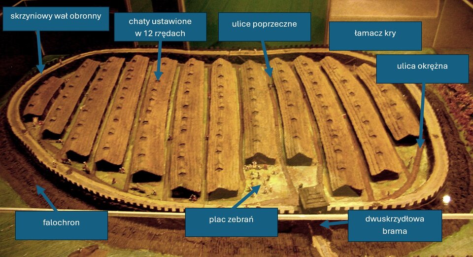 Makieta przedstawia rekonstrukcję grodu w Biskupinie. Na makiecie wyróżniono i podpisano kluczowe elementy urbanistyczne i obronne tego grodu. Są to: skrzyniowy wał obronny – masywna konstrukcja z drewna i ziemi otaczająca gród, stanowiąca główny element jego obrony, falochron – drewniana konstrukcja zabezpieczająca brzeg grodu przed falami i erozją wodną, chaty ustawione w 12 rzędach – długie domy mieszkalne ustawione równolegle do siebie w sposób uporządkowany, każdy rząd składa się z kilku niemal identycznych budynków, ulice poprzeczne – wąskie przejścia przecinające rzędy chat, umożliwiające komunikację wewnętrzną, ulica okrężna – droga biegnąca wokół całego wnętrza osady, pomiędzy rzędem domów a wałem obronnym, plac zebrań – centralna, otwarta przestrzeń w osadzie, gdzie odbywały się zgromadzenia mieszkańców, narady lub uroczystości, dwuskrzydłowa brama – główne wejście do grodu, stanowiące część systemu obronnego i łamacz kry – konstrukcja mająca za zadanie chronić przed napływem kry lodowej z jeziora, na którym usytuowany był gród.