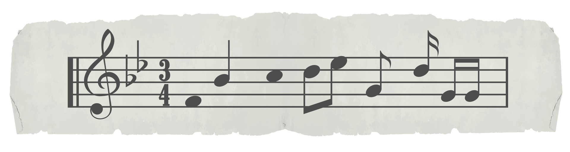 Ilustracja przedstawia fragment zapisu nutowego. Na pięciolinii znajdują się: klucz wiolinowy, specjalne oznaczenia dla muzyków oraz kilka nut.