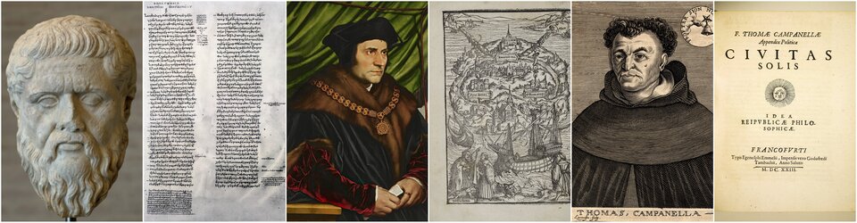 Ilustracja przedstawia ciąg sześciu miniatur. Są to od lewej: 1. Rzeźba przedstawiająca głowę dojrzałego mężczyzny o pociągłej twarzy, z brodą i wąsami. Czoło postaci jest lekko zmarszczone. 2. Fotografia strony zawierająca dwie kolumny tekstu. 3. Portret mężczyzny w sile wieku. Postać ukazana jest od pasa w górę. Prezentuje prawy półprofil. Mężczyzna ma owalną twarz. Jego brwi są ciemne. Oczy są zwężone. Nos jest wydatny i zgarbiony. Mężczyzna ma wąskie usta. Jest ubrany w obszerną togę z futrzanym kołnierzem. Na szyi ma zawieszony szeroki łańcuch zakończony okrągłym medalionem. Na wskazującym palcu lewej ręki ma pierścień. 4. Rycina przedstawia wyspę znajdującą się pośrodku morza. Otoczona jest wzgórzami. Wybudowano na niej liczne zamki i miasta. Przecinają ją dwie szerokie drogi. Na wodach morza dryfują łodzie różnej wielkości. Na brzegu stoją bogato ubrani kupcy. Rozmawiają ze sobą. W tle umieszczono szczyty gór. 5. Rycina przedstawia portret mężczyzny w sile wieku. Postać ukazana jest od piersi w górę. Mężczyzna prezentuje lewy półprofil. Jego twarz jest okrągła, lekko pomarszczona. Mężczyzna ma wyraźne zakola, jego włosy są kręcone. Ma grube, wyraziste brwi, duże, lekko spuchnięte oczy. Nos mężczyzny jest wydatny, haczykowaty, a usta skrzywione. Na lewym policzku, pod okiem ma znamię. Mężczyzna jest ubrany w habit. 6. Ilustracja przedstawia stronę tytułową księgi Civitas solis.