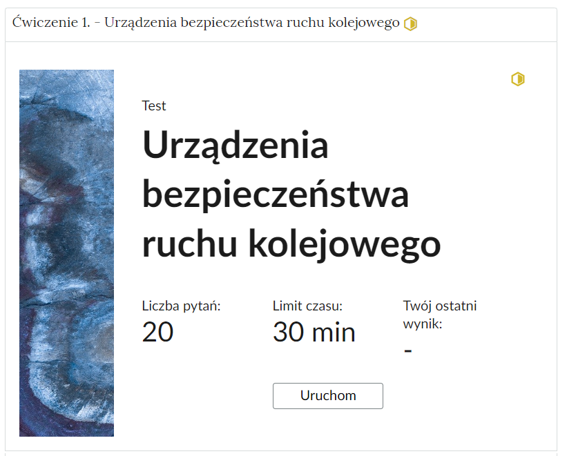 Zrzut ekranu pokazuje przykładowe zdjęcie ćwiczenia. Widoczny jest tytuł i numer ćwiczenia oraz plansza testu z grafiką po lewej stronie, jego nazwą na środki oraz informacjami: liczbą pytań, limitem czasu oraz twoim ostatnim wynikiem.