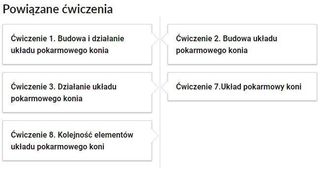Grafika przedstawia przykładowe przyciski powiązanych ćwiczeń z danym multimedium. Przedstawiono pięć kafelków. Pierwszy kafelek zawiera napis: Ćwiczenie pierwsze. Budowa i działanie układu pokarmowego konia. Drugi kafelek zawiera napis: Ćwiczenie drugie. Budowa układu pokarmowego konia. Trzeci kafelek zawiera napis: Ćwiczenie trzecie. Działanie układu pokarmowego konia. Czwarty kafelek zawiera napis: Ćwiczenie siódme. Układ pokarmowy koni. Piąty kafelek zawiera napis: Ćwiczenie ósme. Kolejność elementów układu pokarmowego koni. 