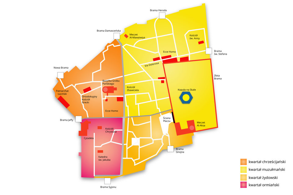 Mapa przedstawia plan Starego Miasta w Jerozolimie. W prawym dolnym rogu znajduje się tren Wzgórza Świątynnego z wyodrębnioną Kopułą na Skale i Meczetem Al.-Aksa. Plan podzielony jest na 4 nierówne części. W prawym dolnym rogu znajduje się kwartał żydowski, w którym wyodrębniono Ścianę Płaczu oraz Bramę Gnojną. Lewy dolny róg to kwartał ormiański – tu wyszczególniono Cytadelę, Kościół Chrystusa oraz Katedrę Świętego Jakuba. Na dole obszaru znajduje się Brama Syjonu. Lewy górny róg to kwartał chrześcijański - tutaj w centrum znajduje się Bazylika Grobu Pańskiego, Ecce Homo, Ortodoksyjny Kościół Grecki oraz Patriarchat Łaciński. Od góry prowadzi do niego Nowa Brama, natomiast na styku kwartału chrześcijańskiego i ormiańskiego znajduje się Brama Jaffy. Prawy górny róg planu to najobszerniejszy kwartał muzułmański. Na nim zaznaczono Kościół Zbawiciela, Via Dolorosa, Kościół Świętej Anny oraz Meczet Al‑Mawaiwija. Od góry prowadzi do niego Bramy Heroda, a z prawej strony Brama Świętego Stefana. 