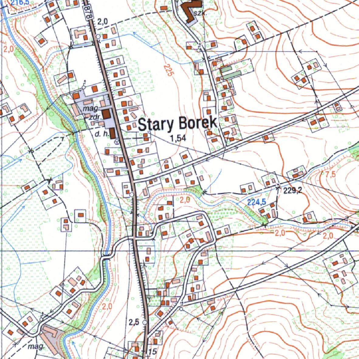 Na mapie w centrum znajduje się napis Stary Borek. Widoczne są linie ulic, przy których oznaczono małymi brązowymi prostokątami poszczególne budynki.