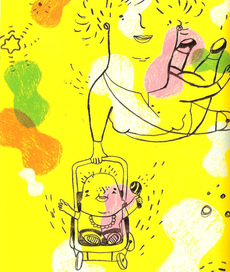 Ilustracja przedstawia małe dziecko w wózku. Nad nim unosi się postać kobiety, która jedną ręką trzyma wózek. Rysunek wykonany jest cienką kreską, na żółtym tle. Wokół znajdują się nieregularne plamy w kolorze zielonym, beżowym i białym.