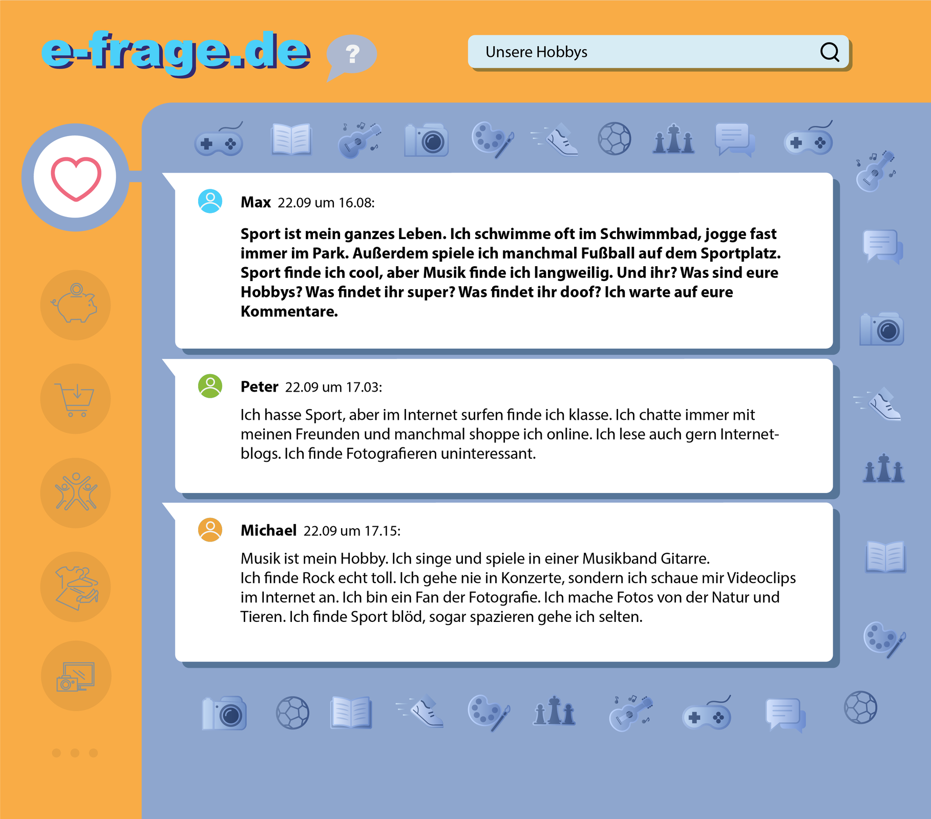 Ilustracja przedstawia rozmowę na forum internetowym. Transkrypcja jest dostępna poniżej.