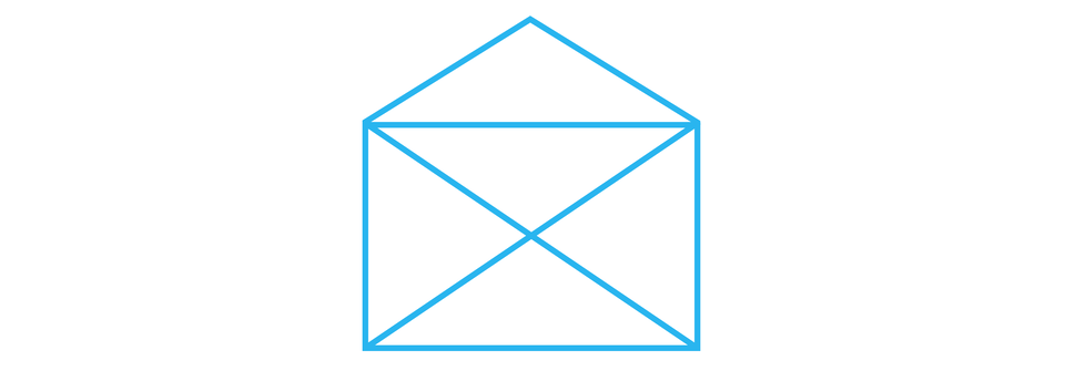 Ilustracja przedstawia rysunek koperty. Figura ta zbudowana jest z prostokąta leżącego na dłuższym boku wraz z jego dwoma przekątnymi. Na górnej podstawie prostokąta znajduje się trójkąt równoramienny.