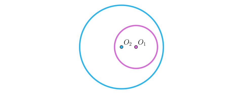 Na ilustracji przedstawione są dwa okręgi z zaznaczonymi środkami. Większy O dwa i mniejszy O jeden. Mniejszy okrąg leży w większym. Okręgi nie mają punktów wspólnych. Są rozłączne.
