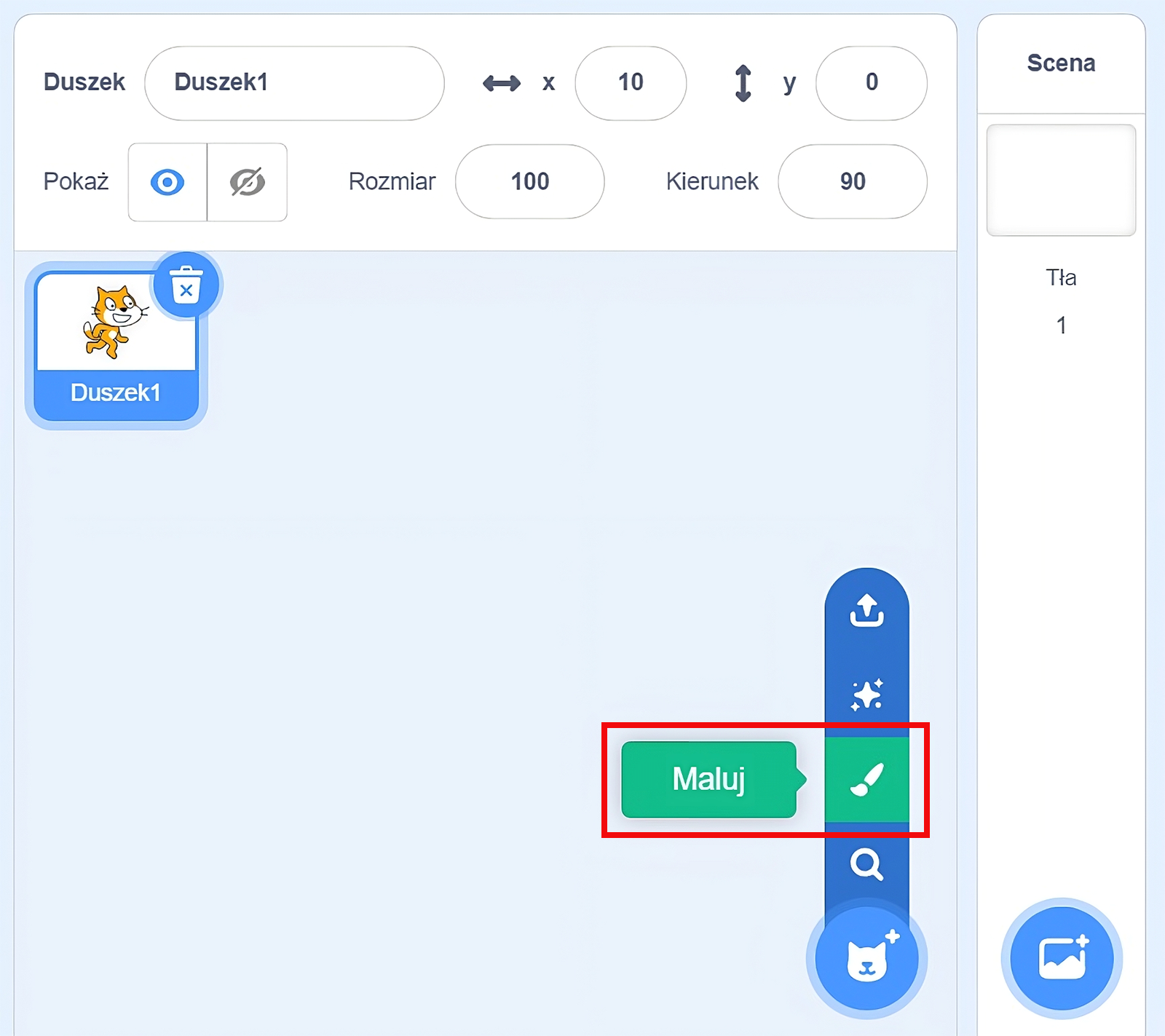 Na zdjęciu widać menu kontekstowe z opcji maluj w programie Scratch.W górnej części okna znajdują się pola z nazwami zmiennych i przypisanymi wartościami. Przykładowo. Zmienna: Duszek, wartość: duszek jeden. Zmienna X: wartość dziesięć, zmienna y: wartość zero, zmienna pokaż: obok przyciski z symbolem oka oraz przekreślonego oka, zmienna rozmiar: sto, kierunek: dziewięćdziesiąt.Niżej widoczna jest ikona z wizerunkiem duszka. Pod ikoną jest podpis: Duszek jeden. W prawym górnym rogu ikony widoczny jest symbol kosza. Po prawej znajduje się zmienna scena z białym tłem oraz napis: tło z cyfrą jeden.W prawym dolnym oknie aplikacji widocznych jest przycisk przedstawiający obrazek z gwiazdką w prawym górnym rogu. Po naciśnięciu przycisku, rozwija się lista z czterema dodatkowymi przyciskami. Przyciski od góry: strzałka wychodząca z poziomej prostej, gwizdka znajdująca się w środku kwadratu utworzonego z czterech mniejszych gwiazdek, pędzel, lupa. Przycisk pędzla jest zaznaczony oraz znajduje się w czerwonej ramce. Po lewej stronie wyświetla się napis: maluj.