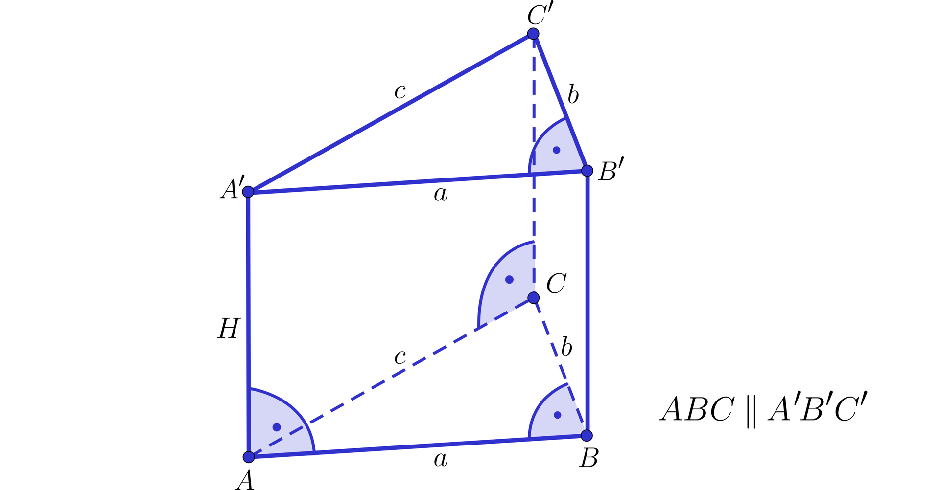 Na ilustracji przedstawiono wielościan o podstawie dolnej ABC oraz górnej A'B'C'. Trójkąt w podstawie jest trójkątem prostokątnym, którego przyprostokątne mają długości a i b, natomiast przeciwprostokątna ma długość c. Krawędź boczną oznaczono wielką literą H i tworzy z krawędzią podstawy kąt prosty.