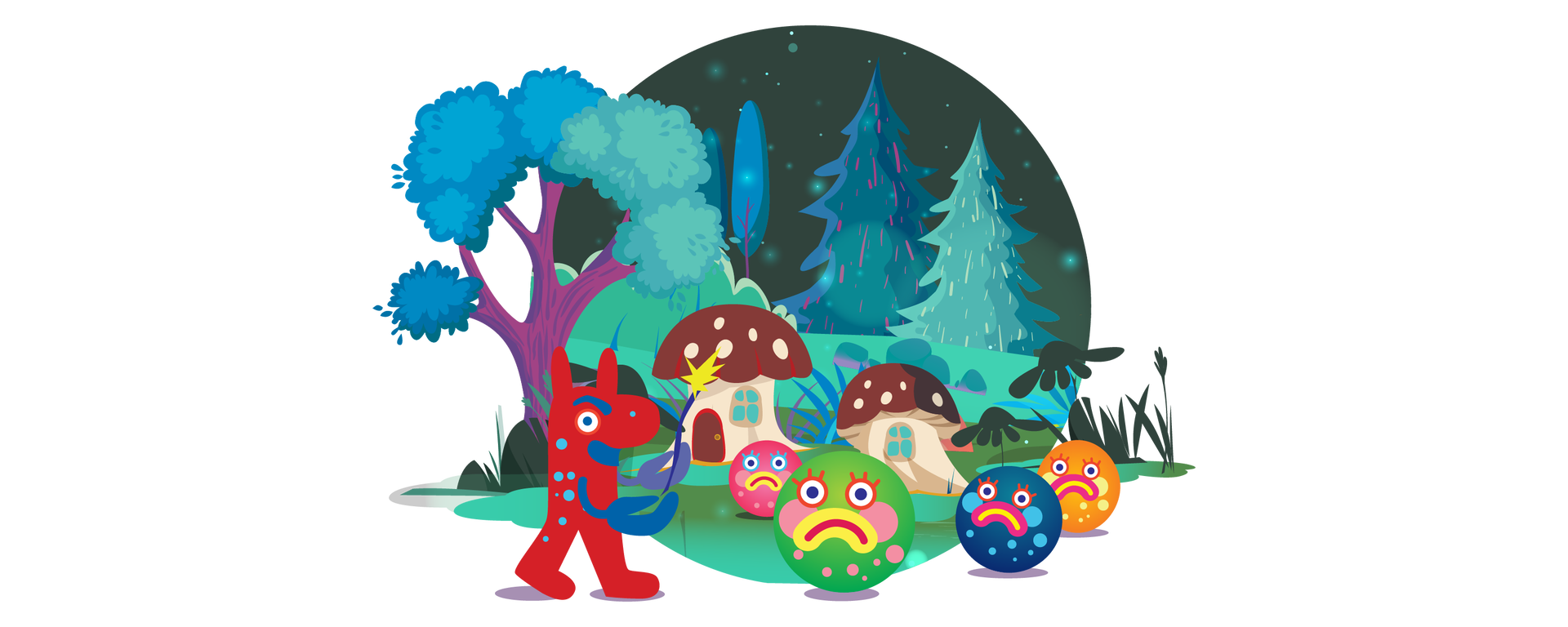 Ilustracja przedstawia bajkowy krajobraz leśny nocą. W tle widać ciemnogranatowe rozgwieżdżone niebo. Dookoła rozciąga się rozległy teren porośnięty zielenią. Znajdują się na nim krzewy, pojedyncze kwiaty i gdzieniegdzie wysokie kępki traw. Na linii horyzontu jest kilka drzew liściastych i iglastych. Po lewej stronie ilustracji, nieco bliżej, rośnie jeszcze jedno drzewo liściaste. Obok niego znajdują się dwa domki z borowików, czyli grzybów. Mają białe ściany i brązowe dachy w białe kropki. Domek po lewej stronie ma jedno okno i brązowe drzwi, a domek po prawej tylko okno. Na pierwszym planie, po prawej stronie, są cztery kolorowe kulki: ciemnoróżowa, zielona, granatowa i pomarańczowa. Każda z nich ma oczy z rzęsami, kolorowe usta wykrzywione w smutnej minie i jest ozdobiona kolorowymi kropkami. Po lewej stronie stoi czerwony stwór z długimi uszami, granatowymi szczypcami zamiast rąk i jasnoniebieskimi kropkami na ciele. W lewych szczypcach trzyma różdżkę. Ma groźną minę i zbliża się do kolorowych kulek.
