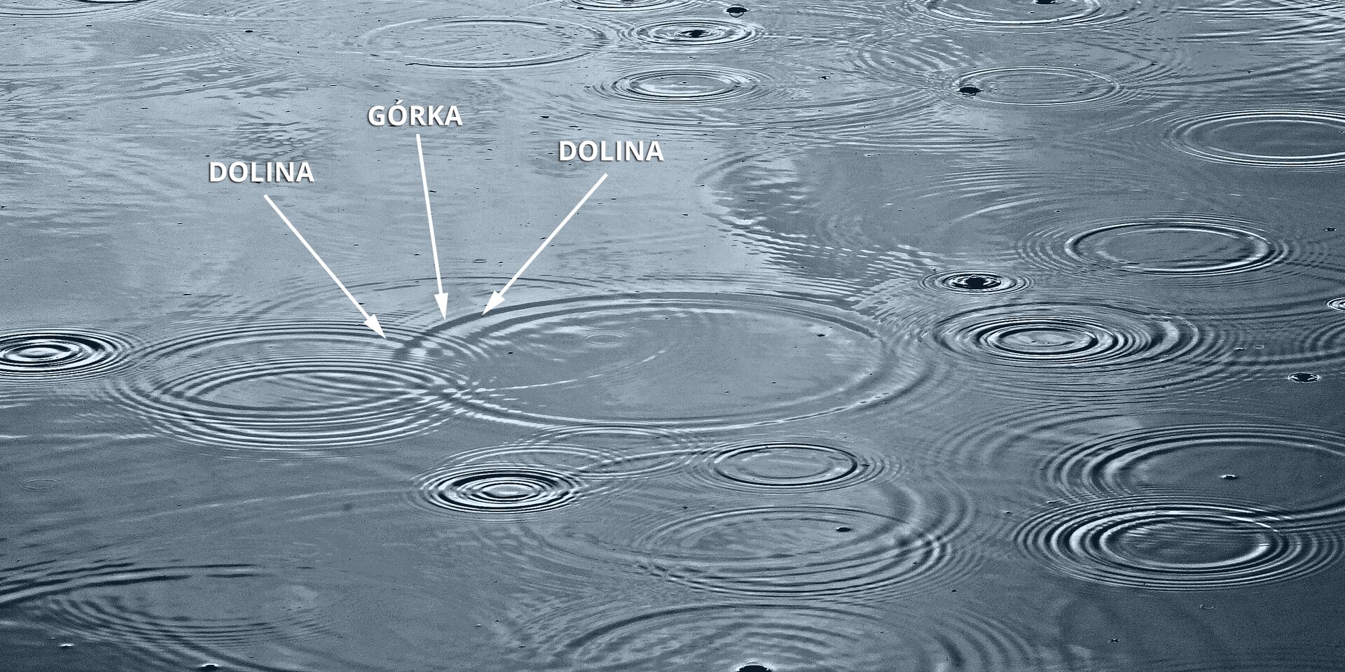 Rys. 1. Na zdjęciu widać powierzchnię wody, na którą pada deszcz. Punkty, gdzie uderzyła kropla deszczu, są środkami rozchodzących się okręgów, jasnych i ciemnych na przemian. Ciemne okręgi podpisane są jako doliny, a jasne okręgi jako górki. W obszarach, gdzie okręgi powstałe w różnych punktach nakładają się na siebie, widoczne są miejsca ze zwiększonymi lub zmniejszonymi zaburzeniami powierzchni wody.