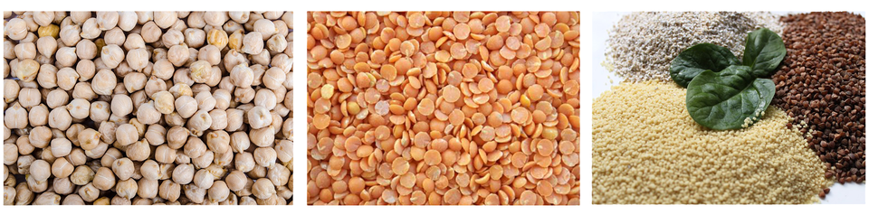 Trzy zdjęcia. Przedstawiają kolejno: okrągłe nasiona ciecierzycy, połówki nasion soczewicy, trzy różne rodzaje nasion.  