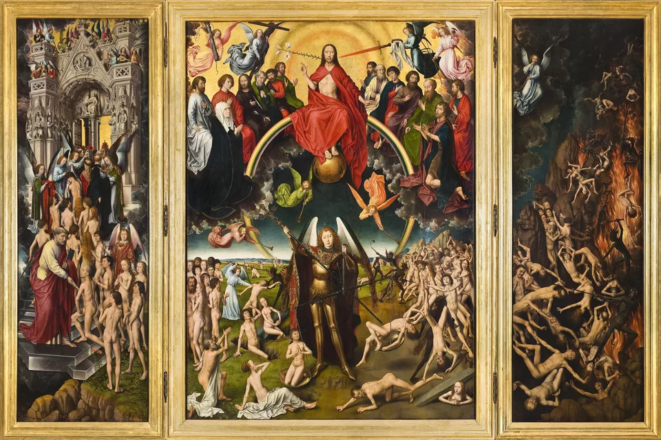 Ilustracja o kształcie poziomego prostokąta przedstawia dzieło Hansa Memlinga „Sąd Ostateczny”. Centralny panel przedstawia Chrystusa siedzącego na tęczy i trzymającego stopy na złotym globie. Po bokach aniołowie trzymają symbole Męki Pańskiej. Poniżej stoi Michał Archanioł, trzyma szale ogromnej wagi. Po bokach znajdują się tłumy nagich osób. Lewy panel przedstawia św. Piotra przed bramą Raju, do której po schodach zmierzają postacie. Brama wykonana jest w stylu gotyckim. Prawe skrzydło przedstawia piekło. Są w nim upadające w czeluści ognia postacie, diabły, a także anioł.  