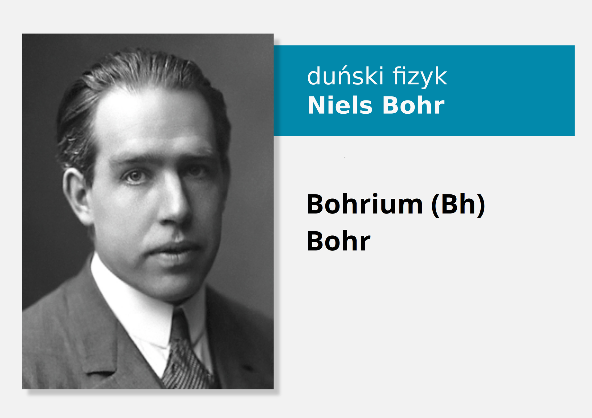Fotografia duńskiego fizyka Nielsa Bohra, obok nazwa i symbol pierwiastka Bohr, łacińska nazwa Bohrium (Bh).