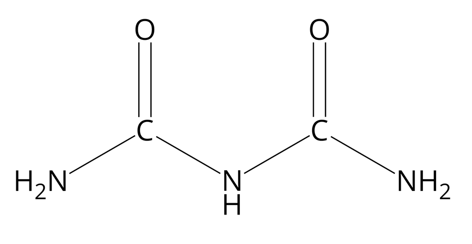 Na ilustracji ukazano wzór półstrukturalny biuretu. Zbudowany jest on z grupy H indeks dolny, dwa, koniec indeksu dolnego, N, od której odchodzi jedno wiązanie pojedyncze na ukos w górę do atomu węgla. Od niego odchodzą dwa wiązania: podwójne w górę do atomu tlenu i pojedyncze na ukos w dół do grupy N H. Od niej poprowadzone jest pojedyncze wiązanie na ukos w górę do atomu węgla, od którego odchodzą dwa wiązania: podwójne w górę do atomu tlenu oraz pojedyncze na ukos w dół do grupy N H indeks dolny, dwa, koniec indeksu dolnego.