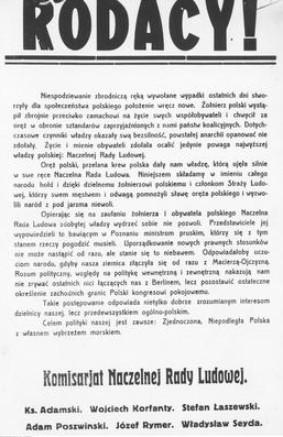 Ilustracja przedstawia jedną stronę druku odezwy wydanej przez Komisariat Naczelnej Rady Ludowej.