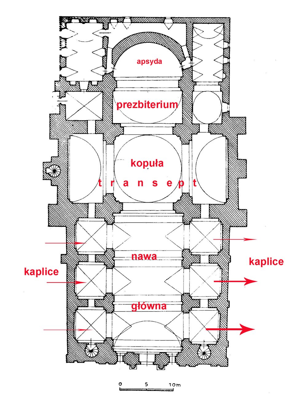 Ilustracja przedstawia plan Kościoła pw św. Piotra i Pawła w Krakowie. Na grafice znajdują się zaznaczone elementy budowli: apsyda, prezbiterium, kopuła, transept, nawa główna, kaplice. Jednonawowy krakowski kościół jest krótszy od rzymskiego o jedno przęsło, krótsze jest też prezbiterium i transept. Półkulista kopuła z kościoła Il Gesù tu została zamieniona na półeliptyczną. 