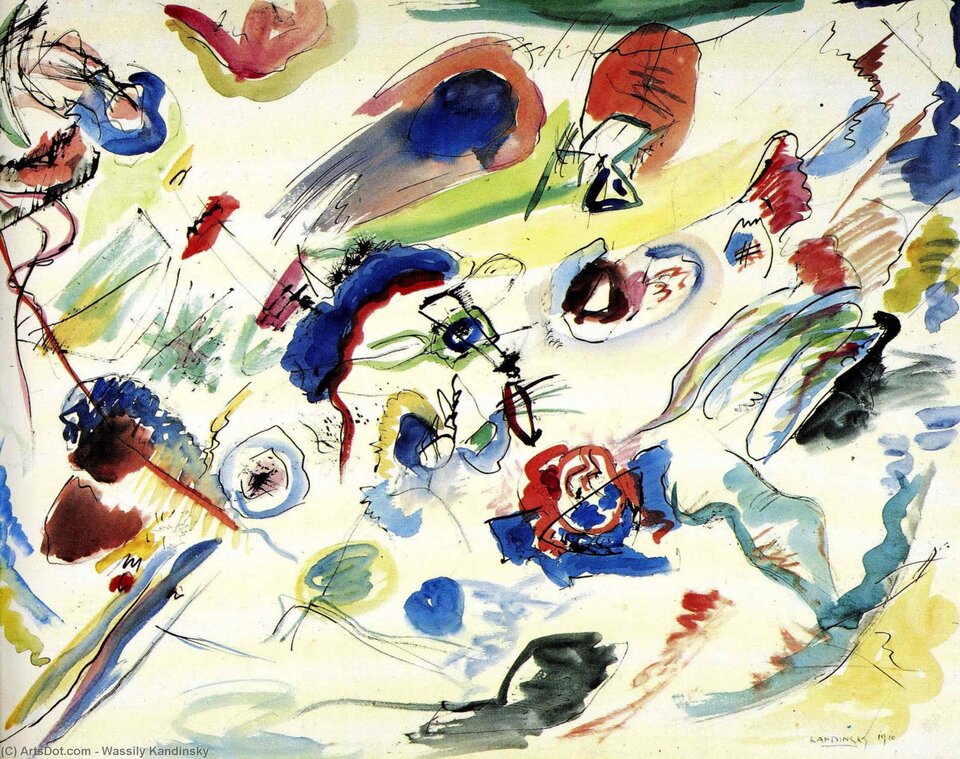 Ilustracja o kształcie poziomego prostokąta przedstawia obraz Wasyla Kandinsky’ego „Pierwsza akwarela abstrakcyjna”. Ukazuje abstrakcyjną pracę złożoną z plam i linii, swobodnie rozmieszczonych, o różnej wielkości. Plamy sprawiają wrażenie dynamicznych, delikatnych. Ich układ jest luźny, ale można spostrzec, że sprawiają wrażenie kierunku z lewego dolnego do prawego rogu. Tło jest jasne, kremowe, a plamy są wykonane w różnych odcieniach i barwach.