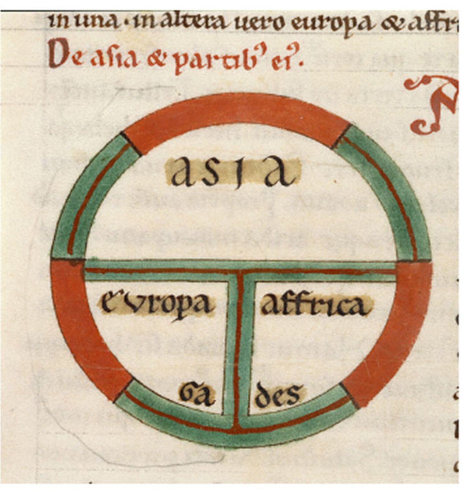 Ilustracja przedstawiająca typowy dla średniowiecza, zaczerpnięty ze starożytności, schemat budowy Ziemi. W pierwszej połowie okręgu wpisano nazwę kontynentu AZJA. W drugiej połowie okręgu wpisano słowo Ga des, rozdzielone między Europę i Afrykę, oznacza port Kadyks (Cadiz); leży on w pobliżu Cieśniny Gibraltarskiej, to jest w miejscu, gdzie Europa i Afryka są najbliżej siebie.