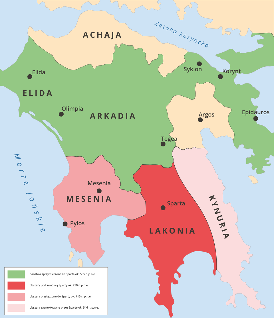 Mapa przedstawiająca państwa sprzymierzone ze Spartą około 505 roku przed nasza erą. Należą do nich Elida i Arkadia z miastami: Elida, Olimpia, Tegea, Sykion, Korynt, Epidauros. Obszary pod kontrola Sparty około 750 roku przed naszą erą to Lakonia z miastem Sparta. Obszary przyłączone do Sparty około 715 roku przed naszą erą to Mesenia z miastami Mesenia i Pylos. Obszary zaanektowane przez Spartę około 546 roku przed naszą erą to Kynuria. 