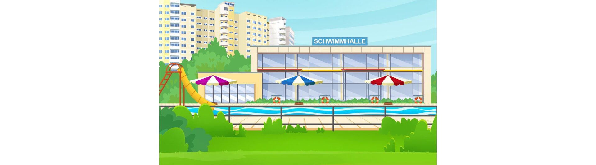 Ilustracja przedstawia budynek basenu i basen odkryty. Przy basenie stoją leżaki, parasole i zjeżdżalnia 