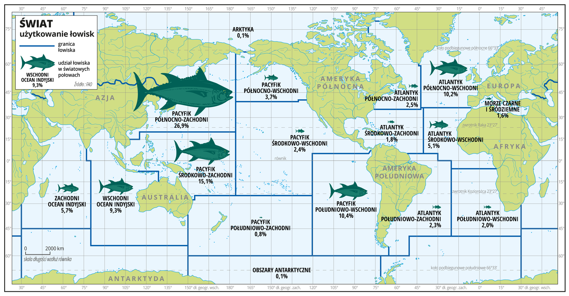 Ilustracja przedstawia mapę świata. Wody zaznaczono kolorem niebieskim. Opisano kontynenty.Na mapie za pomocą niebieskich linii przedstawiono granice łowisk. Na obszarze Oceanu Spokojnego i Atlantyckiego wydzielono po sześć łowisk, na obszarze Oceanu Indyjskiego – dwa łowiska. Za pomocą sygnatur ryb o zróżnicowanej wielkości przedstawiono udział danego łowiska w połowach światowych. Opisano wartości liczbowe w procentach. Największa sygnatura znajduje się na terenie łowiska Pacyfiku Północno-Zachodniego – dwadzieścia sześć procent udziału łowiska w połowach światowych.Mapa pokryta jest równoleżnikami i południkami. Dookoła mapy w białej ramce opisano współrzędne geograficzne co piętnaście stopni.Na górze w legendzie mapy objaśniono znaki użyte na mapie.