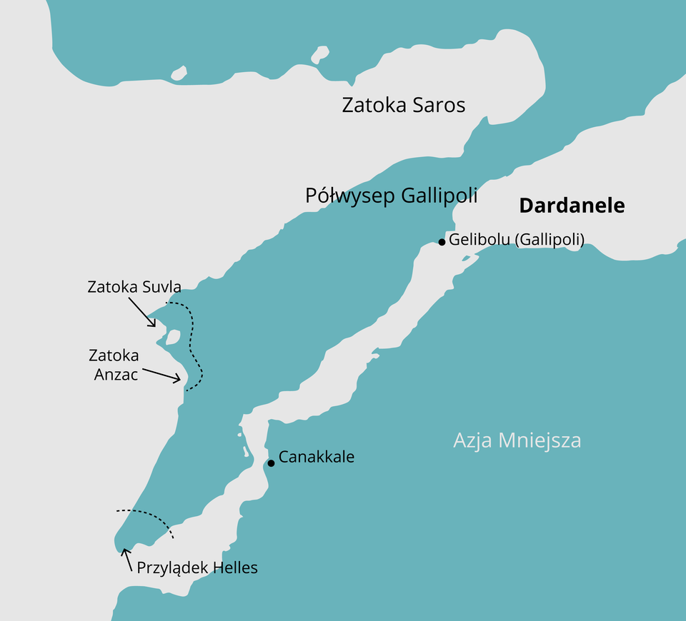 Ilustracja przedstawia półwysep opisany jako Gallipoli Peninsula z wyróżnionymi obszarami najbliżej morza: Sulva Bay, ANZAC Bay i Cape Helles. Poniżej widać fragment lądu opisany jako Asia Minor i nadmorskie miasto Canakkale.