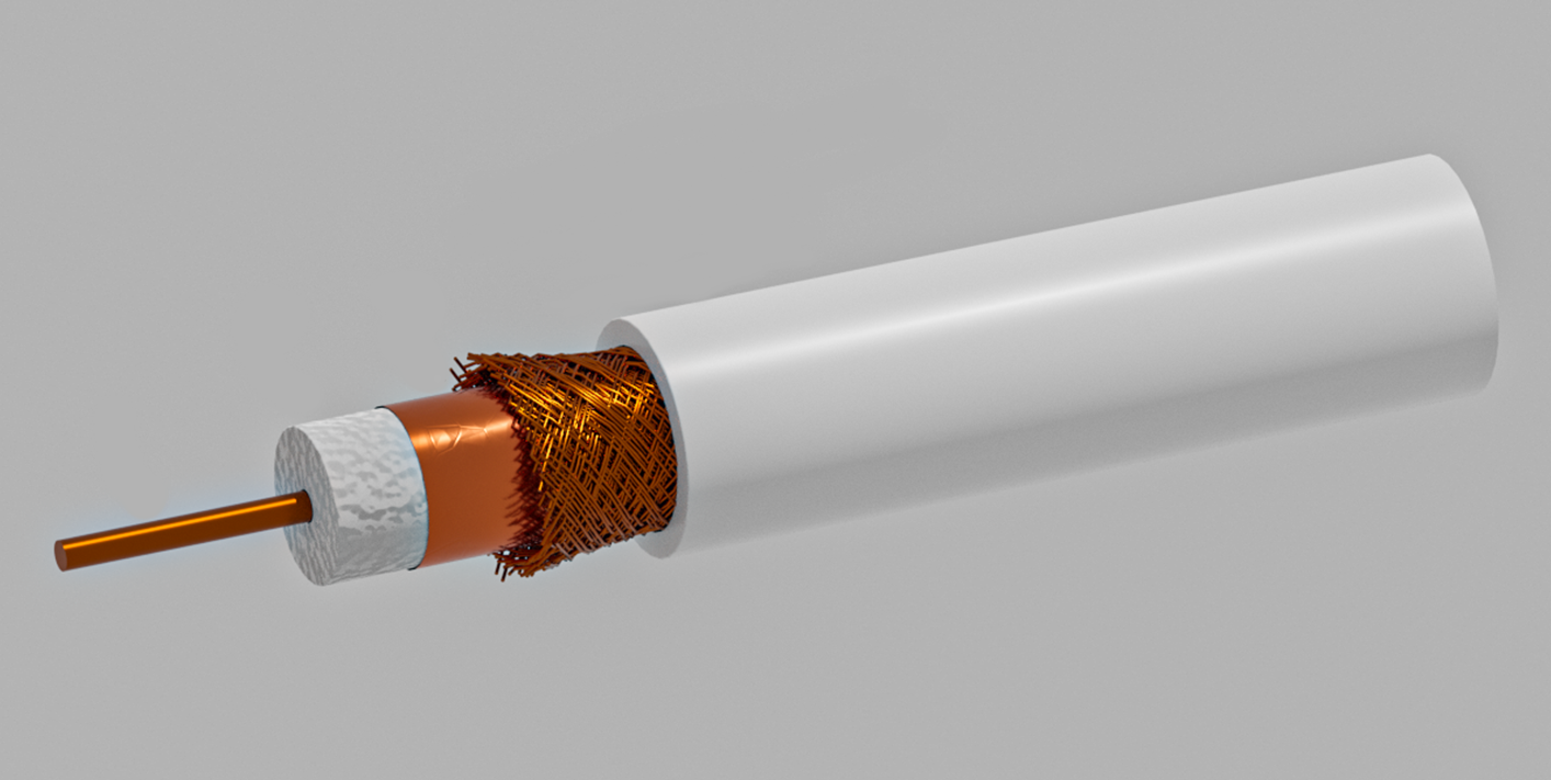 Zdjęcie przedstawia kabel koncentryczny. Składa się on z żyły głównej, opaski z tworzywa sztucznego, folii miedzianej, oplotu, czyli siatki, oraz osłony z tworzywa sztucznego, która chroni przed uszkodzeniem mechanicznym lub wilgocią.